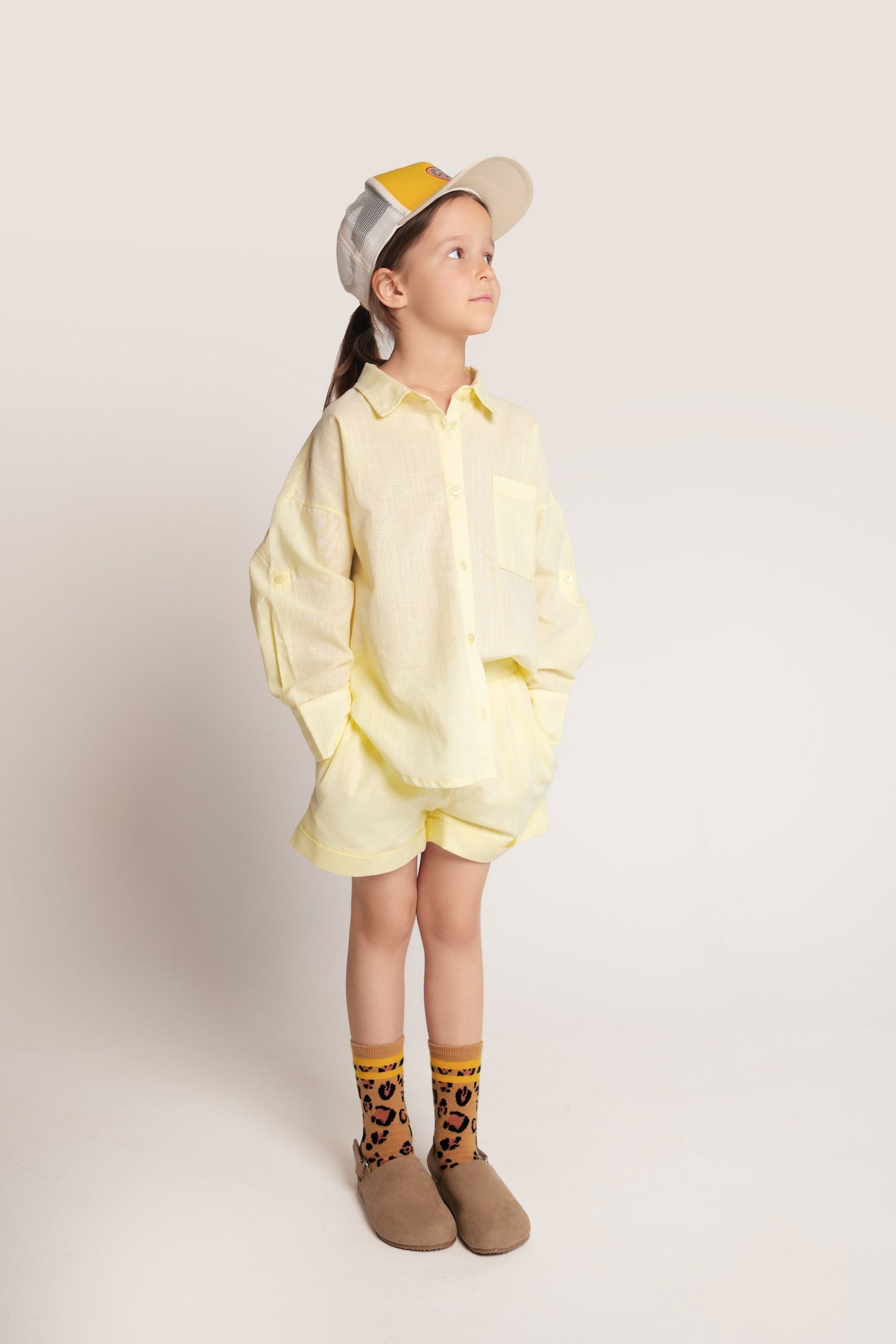 Cotton twin set in lemon yellow: shorts + shirt