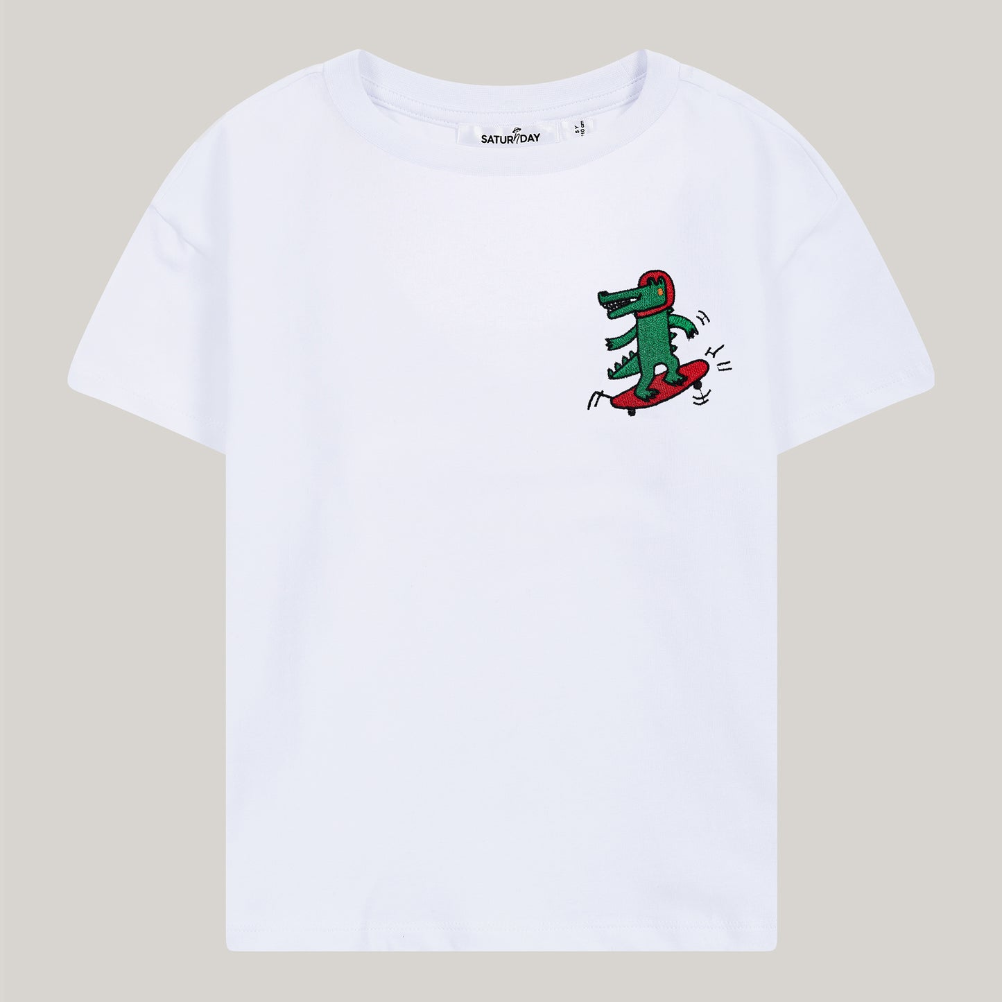 T-Shirt aus Baumwolle mit Stickerei: Krokodil auf Skateboard